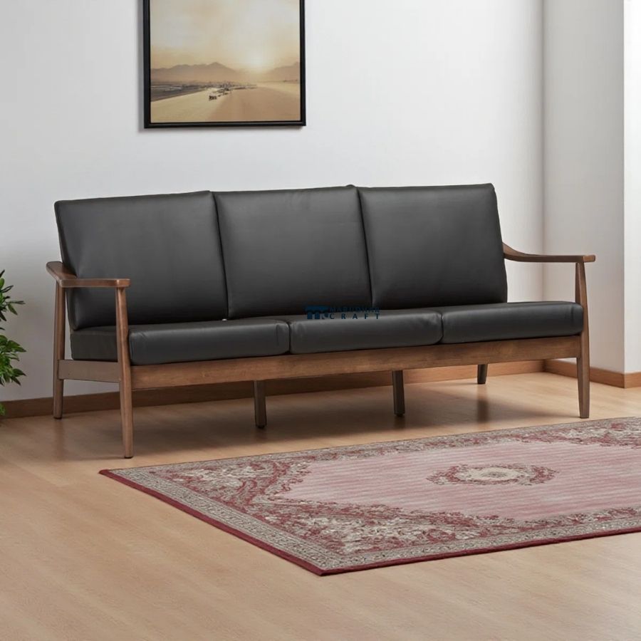 15 Mid-Century Wooden Frame Leatherette 3-Seater Sofa (Black) - Image 1