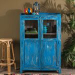 Bright Blue Vintage Wooden Cupboard with Glass Doors