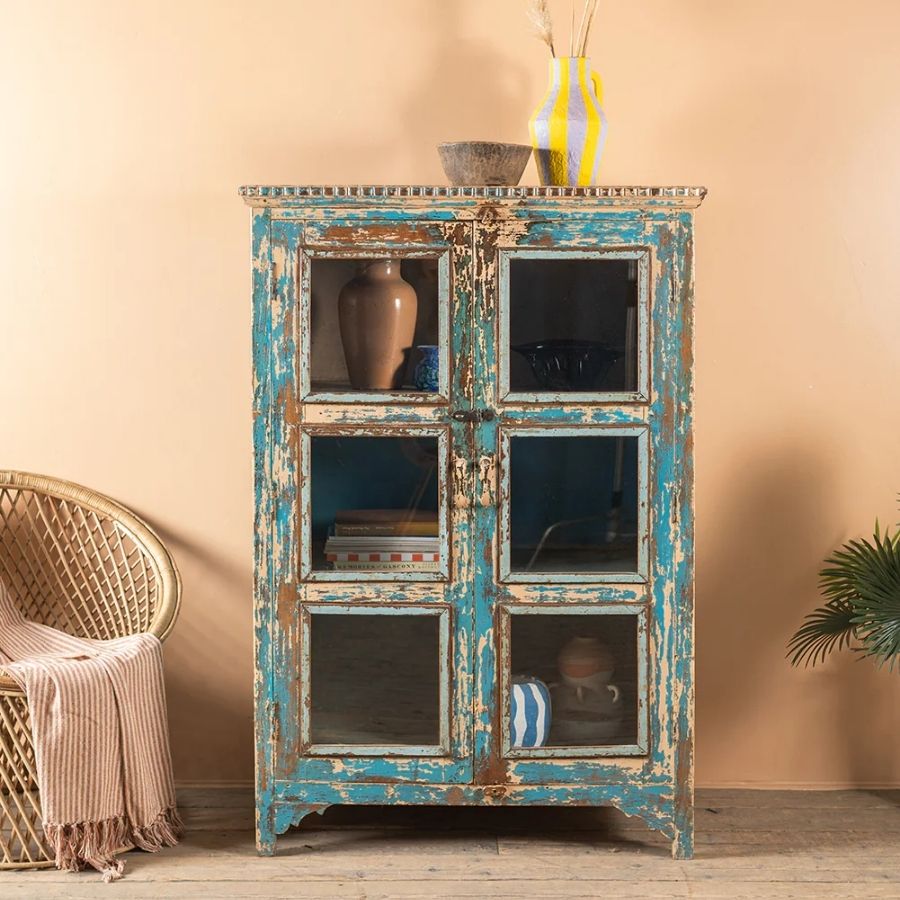 156 Vintage Blue Wood & Metal Glazed Display Cabinet - Image 1