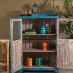Bright Blue Vintage Wooden Cupboard with Glass Doors - Image 3