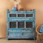 Vintage Blue & Pink Wooden Jali Storage Unit with Drop-Down Doors