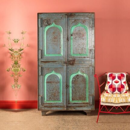 Vintage Grey & Green Metal Storage Cupboard