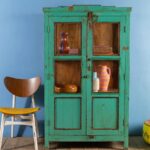 Turquoise Vintage Wooden Display Cabinet with Glass Panels