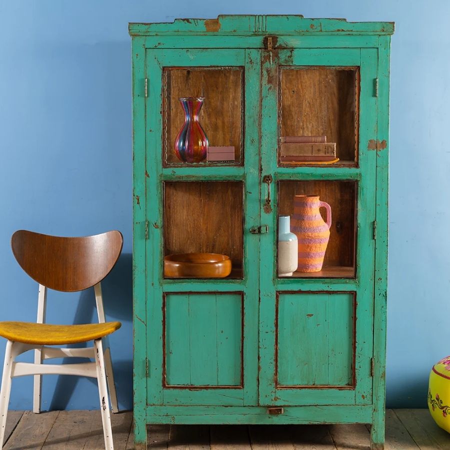 167 Turquoise Vintage Wooden Display Cabinet with Glass Panels - Image 1