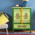 Green Floral Hand-Painted Wooden Cupboard with Drawer