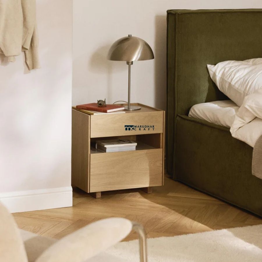 17 Craft Modern Oak Wood Bedside Table with Storage Drawer and Open Shelf - Image 1