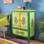 Green Floral Hand-Painted Wooden Cupboard with Drawer - Image 4