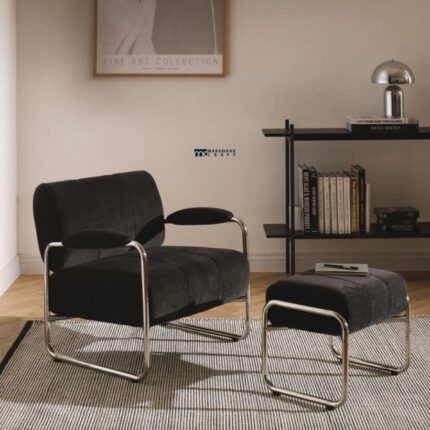 Modern Chrome Frame Upholstered Single Seater Chair with Ottoman