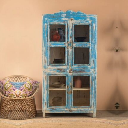 Vintage Blue Wooden Glazed Storage & Display Cabinet