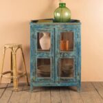 Vintage Blue Wooden Display Cabinet with Glass Panels