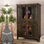 Carved Vintage Wooden Almirah with Glass Doors