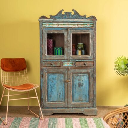 Vintage Blue Wooden Cabinet with Ceramic Tile Detailing