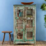 Vintage Pale Turquoise Wooden Display Cabinet with Glass Panels