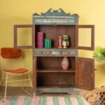 Vintage Blue Wooden Cabinet with Ceramic Tile Detailing - Image 5