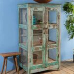 Vintage Pale Turquoise Wooden Display Cabinet with Glass Panels - Image 4