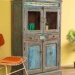 Vintage Blue Wooden Cabinet with Ceramic Tile Detailing - Image 3