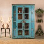 Vintage Blue Wooden Glazed Display Cabinet