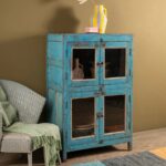 Blue Vintage Wooden Cabinet with Glass Doors
