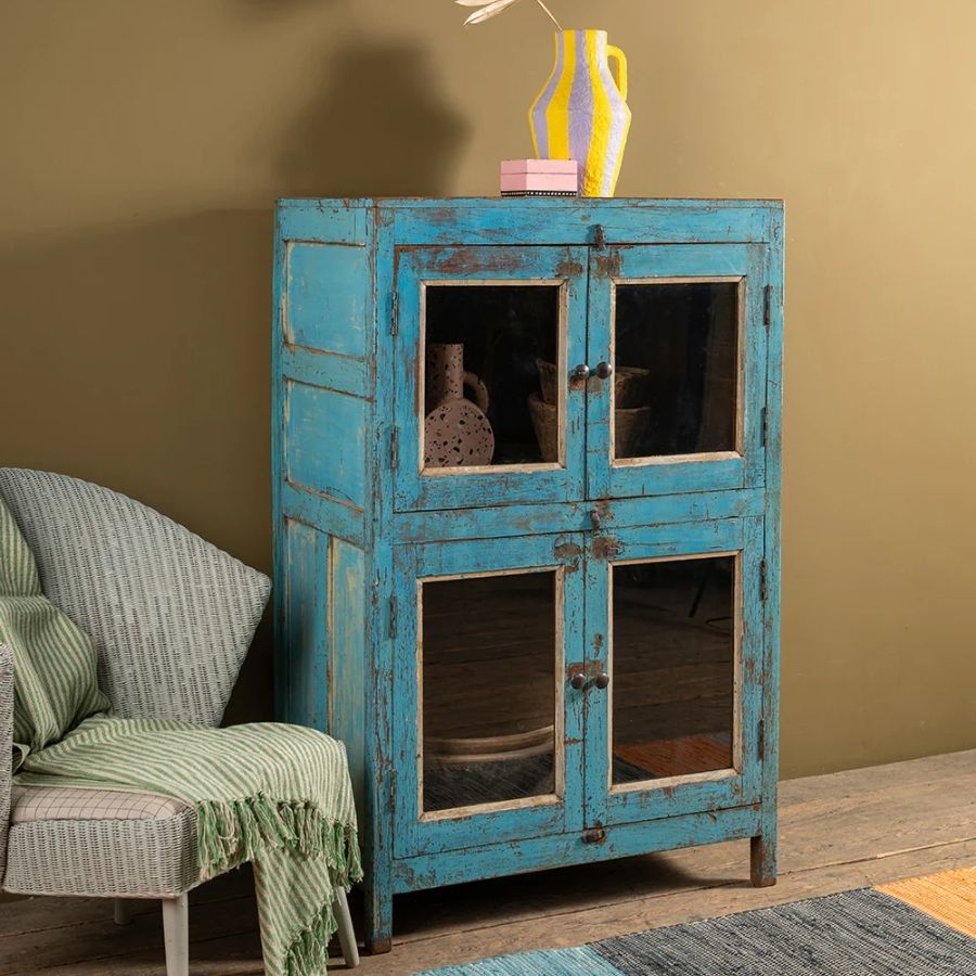187 Blue Vintage Wooden Cabinet with Glass Doors - Image 1