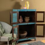 Blue Vintage Wooden Cabinet with Glass Doors - Image 3