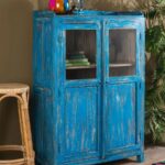 Bright Blue Vintage Wooden Cupboard with Glass Doors - Image 6