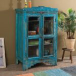 Ornate Vintage Blue Wooden Glazed Cabinet