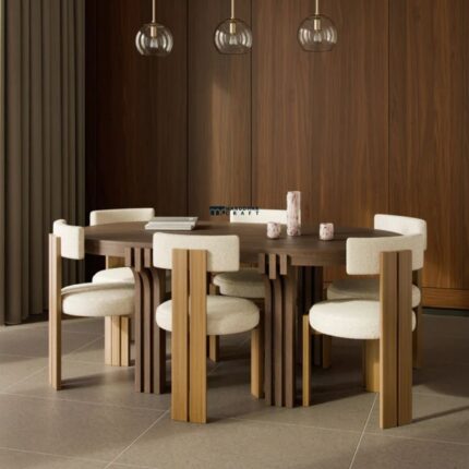 Round Solid Wood Dining Table with Sculptural Slatted Base