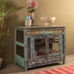 Vintage Pale Blue Wooden Cabinet with Floral Tiles & Glass Panels
