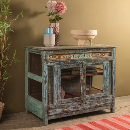 Vintage Pale Blue Wooden Cabinet with Floral Tiles & Glass Panels
