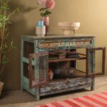 Vintage Pale Blue Wooden Cabinet with Floral Tiles & Glass Panels - Image 6