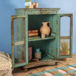 Slate Blue Vintage Wooden Display Cabinet with Glass Doors - Image 3
