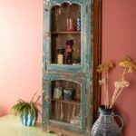 Vintage Dark Blue Wooden Wall Showcase Cabinet with Glass Doors - Image 2