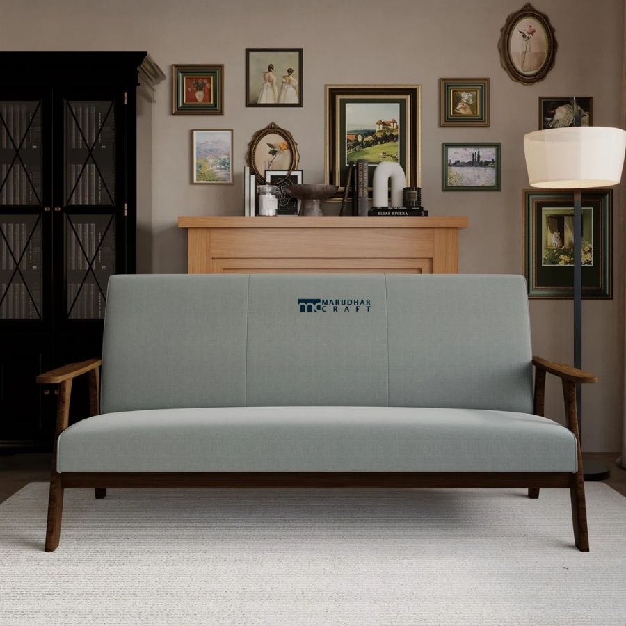 20 Mid-Century Wooden Arm Fabric 2-Seater Sofa (Sage Green) - Image 1
