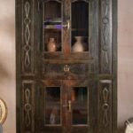 Carved Vintage Wooden Almirah with Glass Doors - Image 4