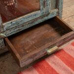 Vintage Pale Blue Wooden Cabinet with Floral Tiles & Glass Panels - Image 4