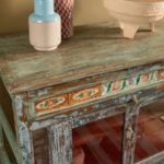 Vintage Pale Blue Wooden Cabinet with Floral Tiles & Glass Panels - Image 5