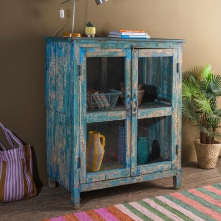 Vintage Light Blue Wooden Cabinet with Glass Doors