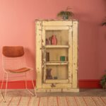 Vintage Yellow Wooden Showcase Cabinet with Glass Door