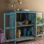 Vintage Light Blue Wooden Cabinet with Glass Doors - Image 2
