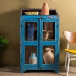 Blue Vintage Wooden Display Cabinet with Glass Panels