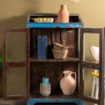 Blue Vintage Wooden Display Cabinet with Glass Panels - Image 3