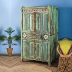 Vintage Turquoise Wooden Almirah with Ceramic Tile Detailing