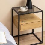 Industrial Bedside Table with Glass Top and Floating Wooden Drawer