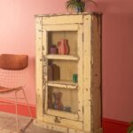 Vintage Yellow Wooden Showcase Cabinet with Glass Door - Image 3