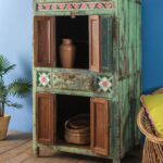 Vintage Turquoise Wooden Almirah with Ceramic Tile Detailing - Image 3