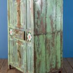 Vintage Turquoise Wooden Almirah with Ceramic Tile Detailing - Image 2