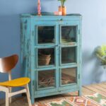 Light Blue Vintage Wooden Display Cabinet with Glass Doors
