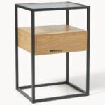 Industrial Bedside Table with Glass Top and Floating Wooden Drawer - Image 3