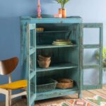Light Blue Vintage Wooden Display Cabinet with Glass Doors - Image 3