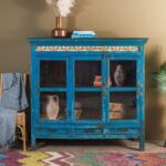 Blue Vintage Wooden Cabinet with Glass Doors, Drawers & Ceramic Tiles